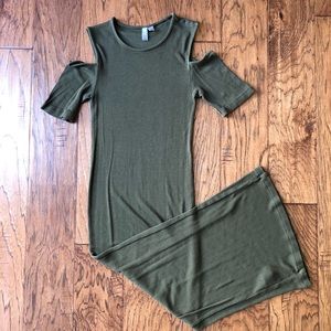 Green Cold Shoulder Bodycon Midi Dress